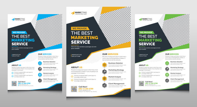 Creative Modern Unique Stylish Corporate Business Flyer Leaflet Vector Template Design Layout for Office, Company, Marketing, and Multipurpose Use with Blue Yellow and Green Color Accent