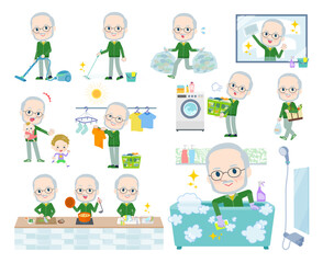 掃除や洗濯など家事に関する緑ジャージ白人高齢男性のセット