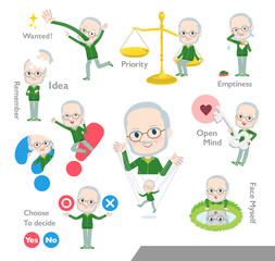 メンタルコントロールをする緑ジャージ白人高齢男性のセット