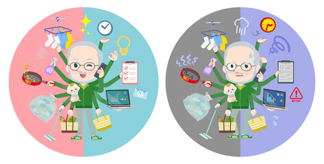 オフィスとプライベートでマルチタスクをこなす緑ジャージ白人高齢男性のセット