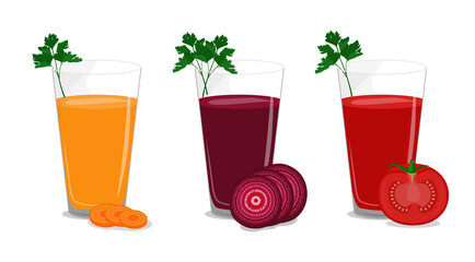 Vegetable juices from carrots, beets and tomatoes set