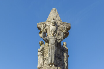 Beautiful view of a statue in monastery Santiago de Compostela, Galicia, Spain - obrazy, fototapety, plakaty