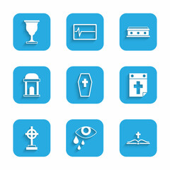 Set Coffin with cross, Tear cry eye, Holy bible book, Calendar death, Grave, Old crypt, and Christian chalice icon. Vector