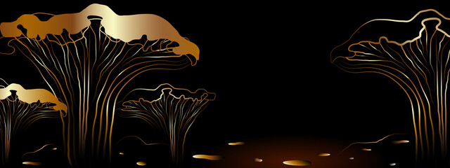chanterelle mushrooms brown golden dark mushroom background horizontal banner - obrazy, fototapety, plakaty