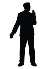 Talk show man with microphone in hand silhouette vector, entertainment or comedy actor on stage.