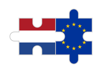 puzzle pieces of netherlands and europe flags. vector illustration isolated on white background