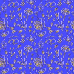 Seamless vector pattern with gold flowers on purple Very Peri background. Trendy, floral hand drawn line style print.Design for textiles, fabric, wrapping paper, packaging,scrapbook paper, web.