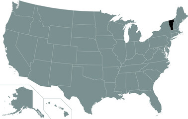Black highlighted location administrative map of the US Federal State of Vermont inside gray map of the United States of America