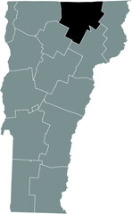 Black highlighted location map of the Orleans County inside gray administrative map of the Federal State of Vermont, USA