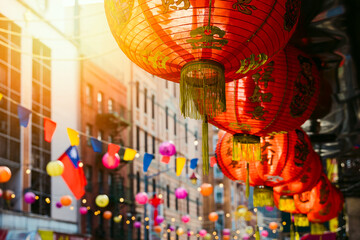 Red chinese lantern in Chinatown in New York city, USA. Festive decoration for Chinese New Year celebration - obrazy, fototapety, plakaty