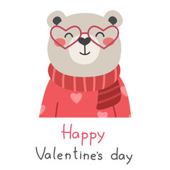 Cute drawn bear character with hearts Valentine's Day.