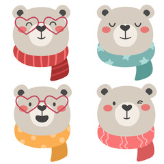 Hand-drawn vector characters of cute bears with scarves. Childrens illustration