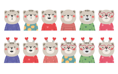 Drawn vector characters of cute kittens with hearts. Childrens illustration