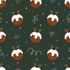Seamless vector pattern with cute Christmas pudding and confetti. Winter season dessert theme hand drawn background for packaging, wrapping paper, print, card, gift, fabric, textile, wallpaper.