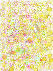 野鳥モズと黄色い背景のイラスト