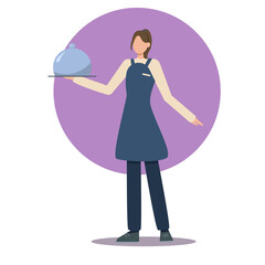Waitress without a face in flat style on a white background. The waiter holds the order with one hand. A woman in the uniform of a waiter. Vector illustration