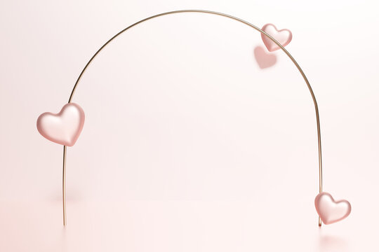 3d render of pink valentine heart with gold arch frame on a pastel pink background