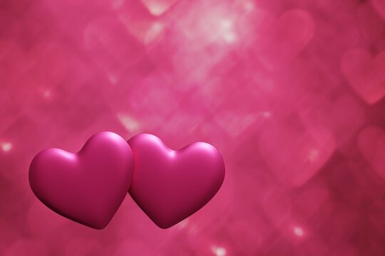 3d render of 2 Valentine hearts on a fuchsia heart bokeh background