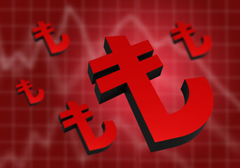 Lira Turkey economy. Metaphor for devaluation of lira. Decrease in exchange rate of Turkish money. Devaluation in Turkey. Financial crisis. Fall of Turkish national currency on red. 3d rendering.