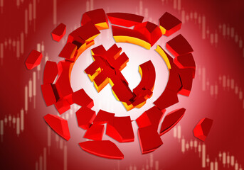 Lira devaluation concept. Turkish currency exchange rate drop. Scraps of Turkish currency on red background. Devaluation of lira triggered crisis in Turkey. Financial depression in Turkey. 3d image.