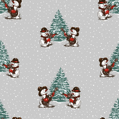 Seamless pattern of snowmen violinist ,guitarist and fir trees in christmas