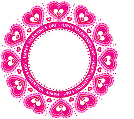 Graphic motif with hearts in different sizes surrounding inside the circle for text.  Pink and red shades for this Valentine image