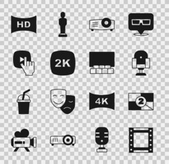 Set Play video, Old film movie countdown frame, Director chair, Movie, film, media projector, 2k Ultra HD, Online play, Hd movie, tape, and Cinema auditorium with screen icon. Vector
