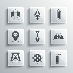 Set Bucket wheel excavator, Dynamite, Miner helmet, Shovel, entrance, Gem stone, and icon. Vector