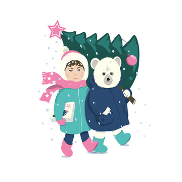 Preparing for the New year and Christmas. Greeting card  "Cute polar Bear and a little girl go to the holiday. Using the image as a background for creating design projects. 