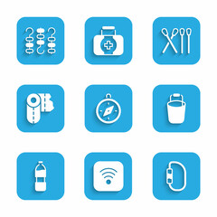Set Compass, Wi-Fi wireless internet, Carabiner, Bucket, Bottle of water, Paper towel roll, Match stick and Grilled shish kebab on skewer icon. Vector