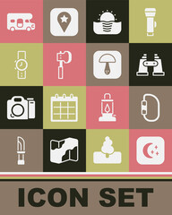 Set Moon and stars, Carabiner, Binoculars, Sunrise, Wooden axe, Wrist watch, RV motorhome vehicle and Mushroom icon. Vector