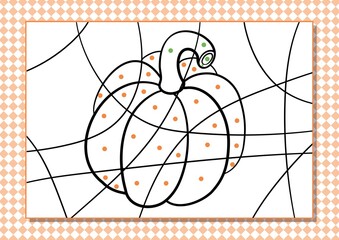 Cartoon coloring by dots for Kids. Printable worksheet. Cartoon pumpkin