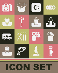 Set Flashlight, Lighter, Tourist tent, Moon and stars, Hammer, Sunrise, Photo camera and Trash can icon. Vector