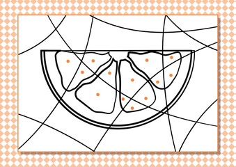 Cartoon coloring by dots for Kids. Printable worksheet. Cartoon orange slice