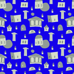 Seamless vector pattern with gray Greek illustrations on purple Very Peri background. Trendy, floral hand drawn line style print.Design for textiles, fabric, wrapping paper, packaging, scrapbook paper