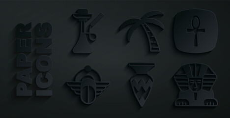 Set Egyptian vase, Cross ankh, Scarab, Sphinx, Tropical palm tree and Hookah icon. Vector