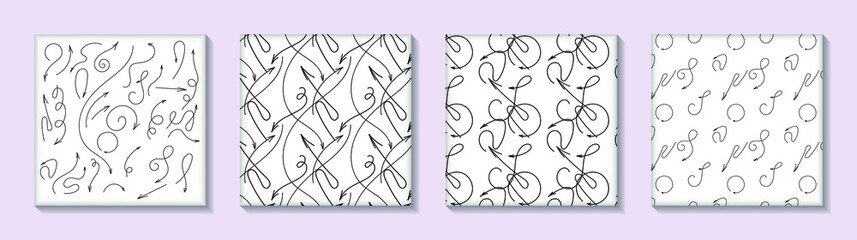 Large set of black arrows and three seamless arrows. Vector illustration. Black and white background made of arrows and doodles. All patterns are isolated and placed in patterns.