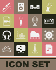 Set MP3 file document, Stereo speaker, Music synthesizer, Home stereo with two speakers, Microphone, MP4, Audio jack and icon. Vector