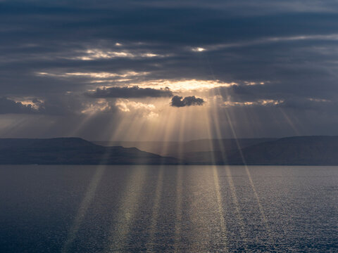 Sea of ​​Galilee..Cloudy sunrise over the Kinneret. Israel
