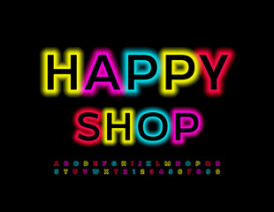 Vector colorful Sign Happy Shop. Bright Glowing Font. Unique Neon Alphabet Letters and Numbers set