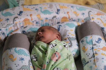 A newborn baby is sleeping comfortably with an adorable expression. Asian child two days old. 