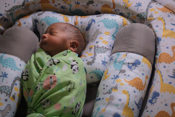 A newborn baby is sleeping comfortably with an adorable expression. Asian child two days old. 