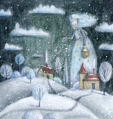 Christmas and winter fairy scatter the snow on the houses. Hand drawn colored pencils illustration.