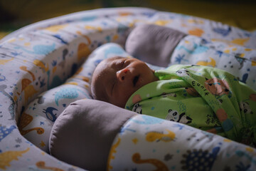 A newborn baby is sleeping comfortably with an adorable expression. Asian child two days old. 