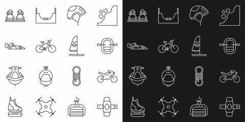 Set line Knee pads, Motorcycle, Rafting boat, Helmet, Bicycle, Formula 1 racing car, Snowboard and Windsurfing icon. Vector