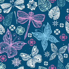 Seamless background with butterflies, dragonflies and flowers. Pattern for various types of printing, textiles, typography. Background.
