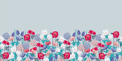 Wildflower Garden with Poppies, Anemone and Allium flowers border - obrazy, fototapety, plakaty