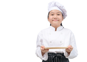 Portrait of a professional girl chef holding an empty dish. Isolated on white background.