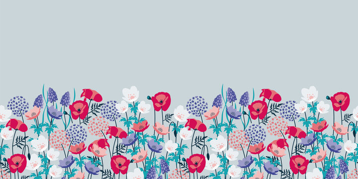Wildflower Garden with Poppies, Anemone and Allium flowers border