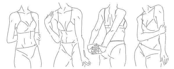 Set of minimalistic female figure in underwear. Vector illustration of the female body in lineart style.  